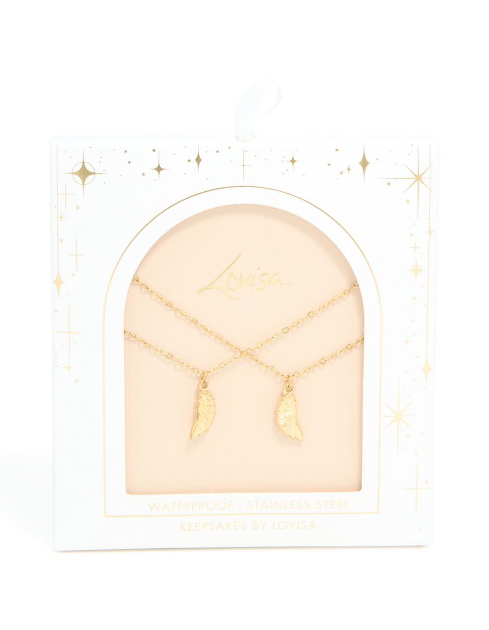 Featuring waterproof BFF angel wings necklaces in gold plated stainless steel 2-pack close up view