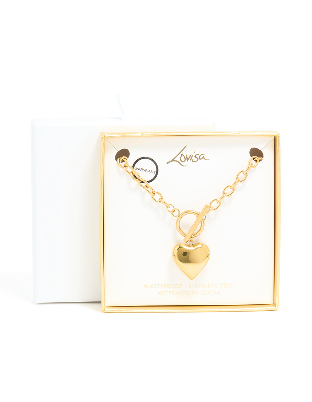 Featuring waterproof gold plated stainless steel chunky heart pendant necklace with T&O toggle closure close up view