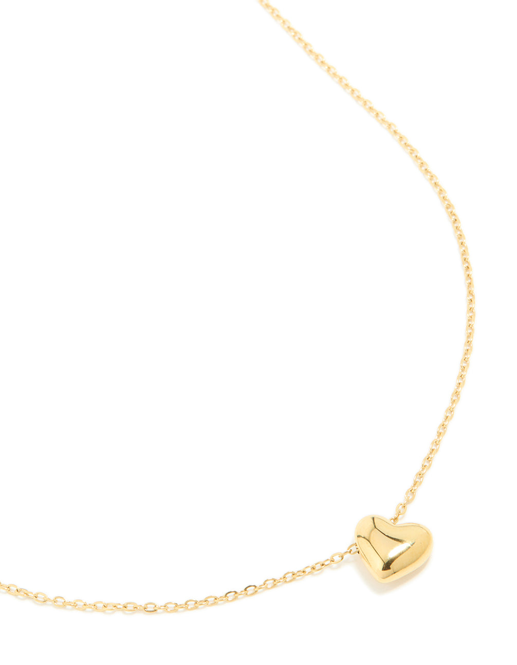 Crafted from waterproof gold plated stainless steel featuring a dainty heart pendant necklace style close up view