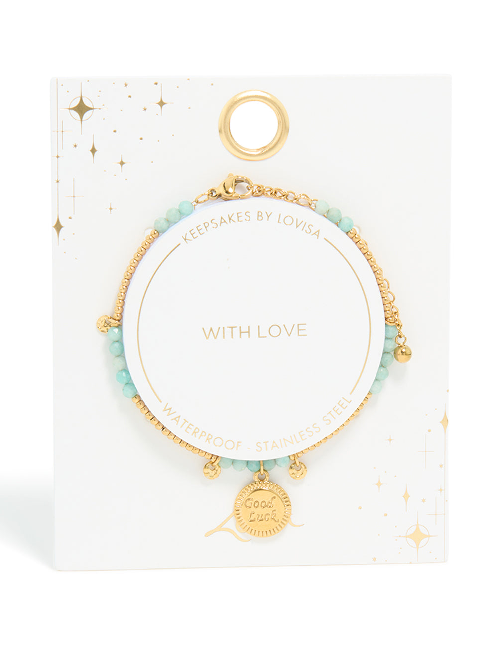 Presenting a waterproof beaded bracelet crafted from gold plated stainless steel, featuring aquamarine beads and script charms in a dainty style closure detail view