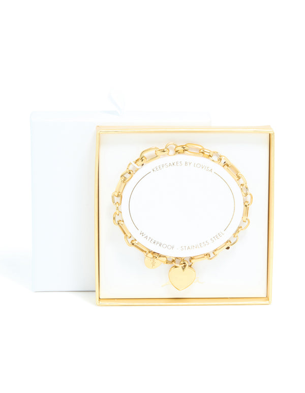 Waterproof Gold Stainless Steel Chunky Heart Link Charm Bracelet