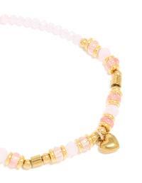 Waterproof Gold Plated Stainless Steel Rose Quartz Semi Precious Mini Heart Bracelet - link has visual effect only