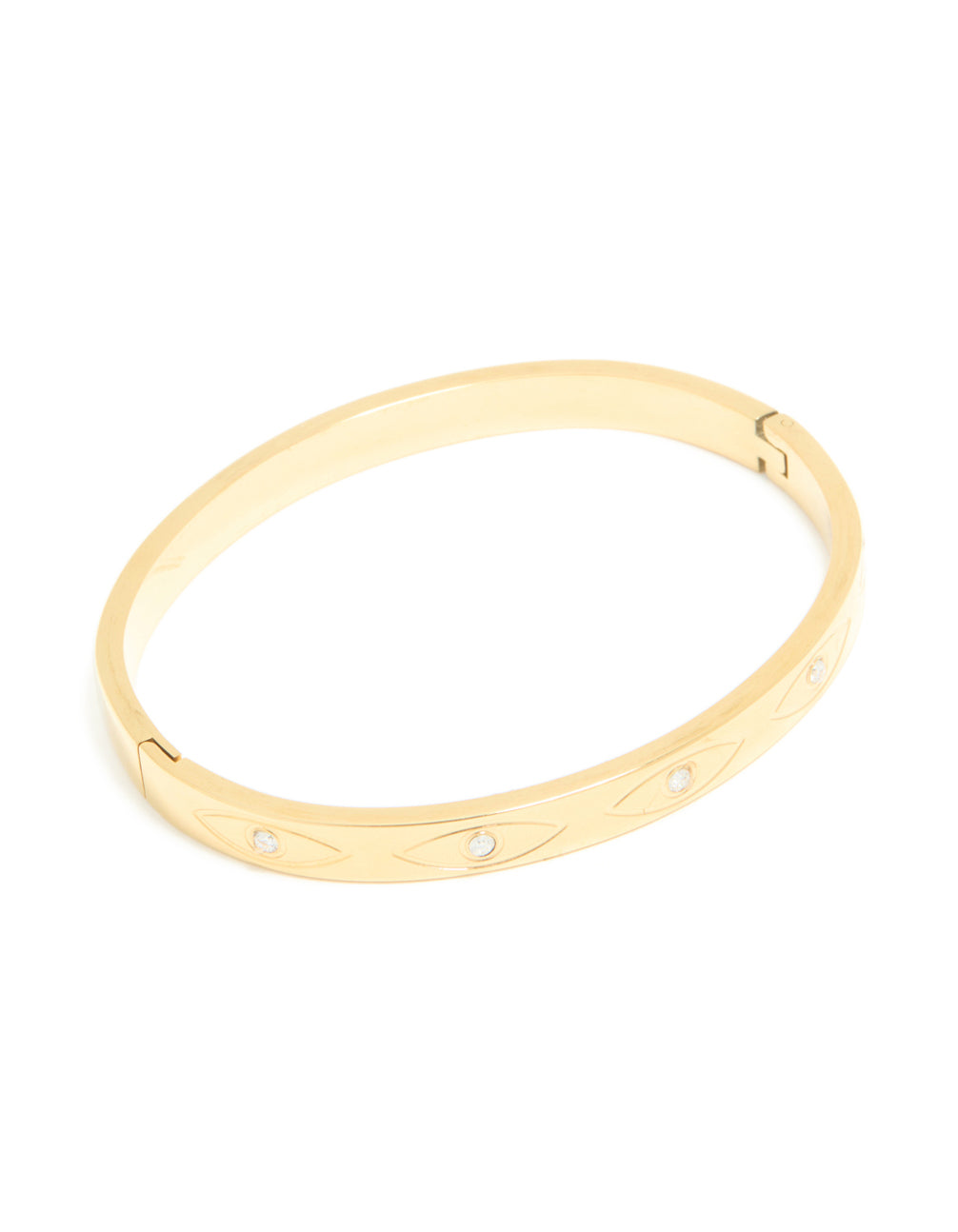 Featuring a waterproof gold evil eye bangle crafted from stainless steel with cubic zirconia in statement style front view