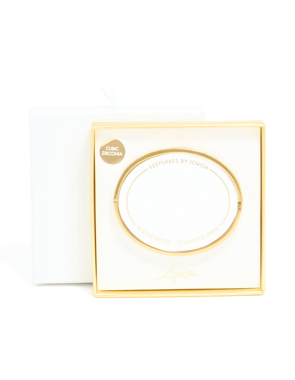 Displaying a waterproof gold plated stainless steel evil eye bangle with cubic zirconia in statement style closure detail view