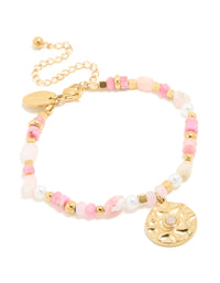 Waterproof Gold Plated Stainless Steel Rose Quartz Semi Precious Coin Bracelet - link has visual effect only