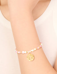 Waterproof Gold Plated Stainless Steel Rose Quartz Semi Precious Coin Bracelet - link has visual effect only
