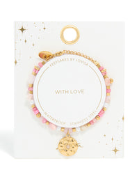 Waterproof Gold Plated Stainless Steel Rose Quartz Semi Precious Coin Bracelet - link has visual effect only