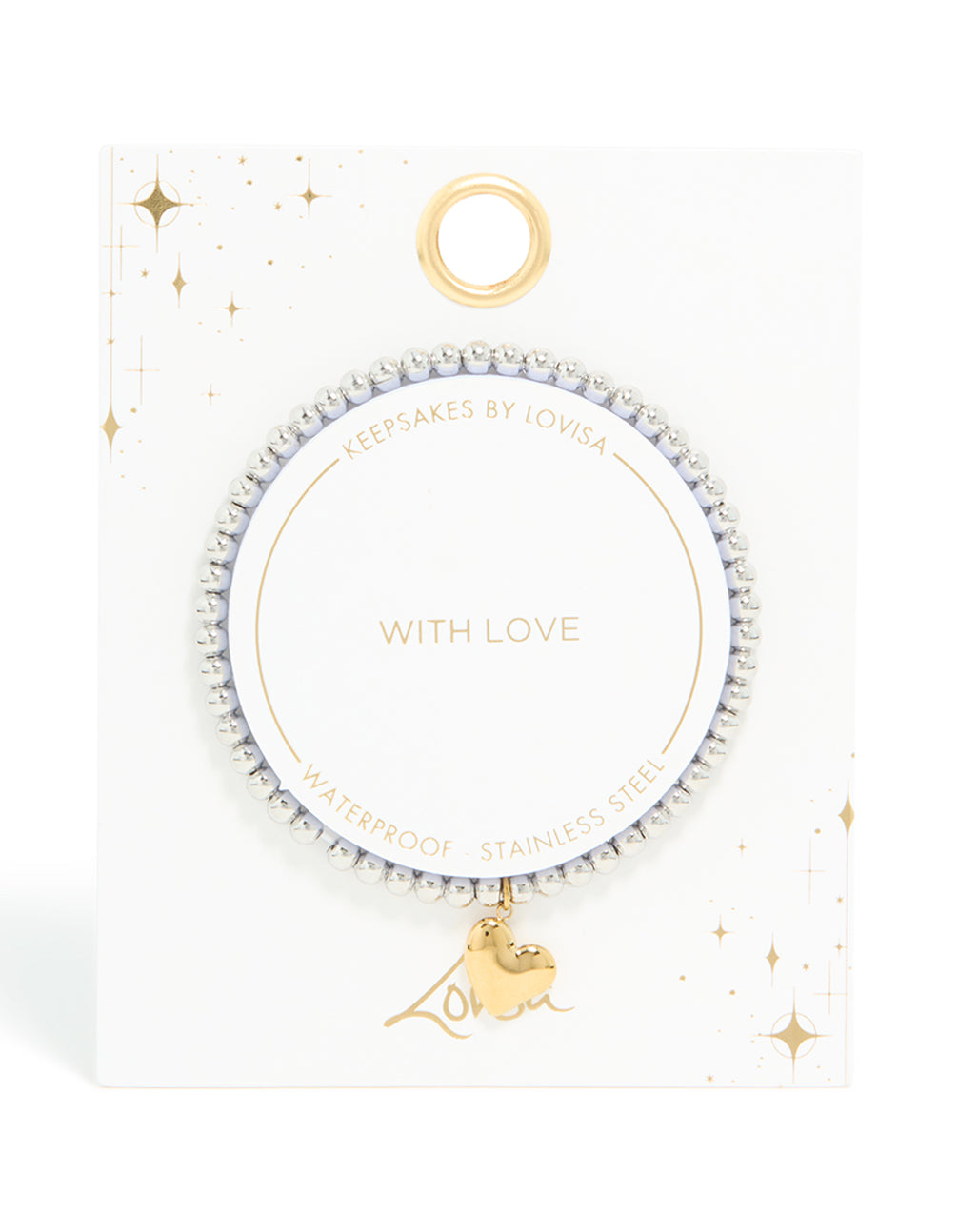 Featuring a waterproof stainless steel heart pendant stretch bracelet with beads gold plated details in silver front view