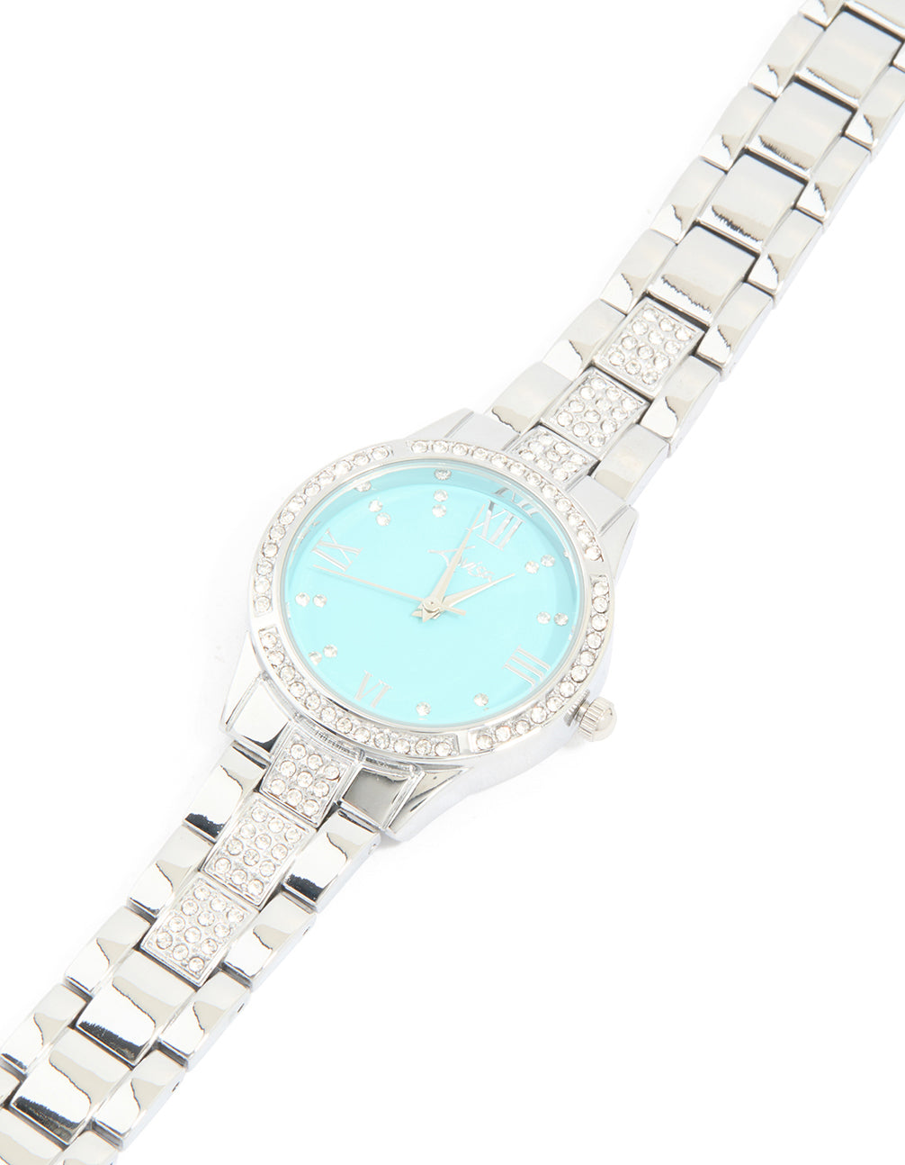 Beautifully crafted diamante watch with roman numeral blue faced dial, round shape, women's formal analog timepiece featuring link band in silver watch face detail view