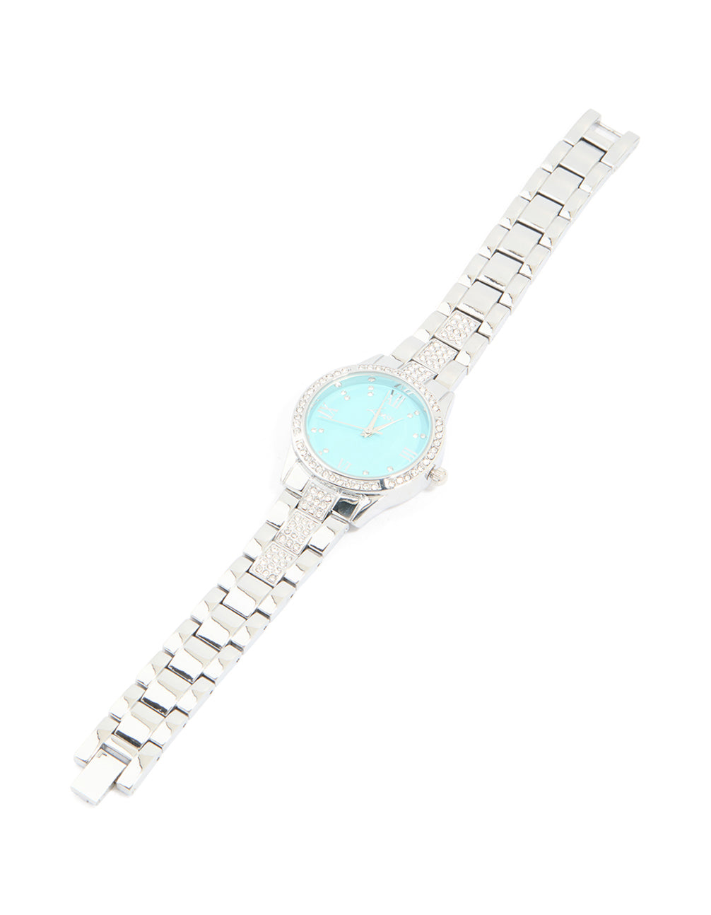 Stunning diamante watch with roman numeral blue faced dial, round shape, women's formal analog timepiece featuring link band in silver front view