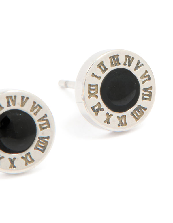 Mens Waterproof Stainless Steel Roman Numeral Round Stud Earrings