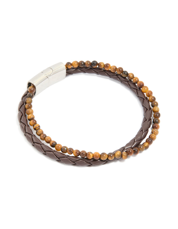 Mens Waterproof Stainless Steel Semi Precious Beaded & Braided Bracelet