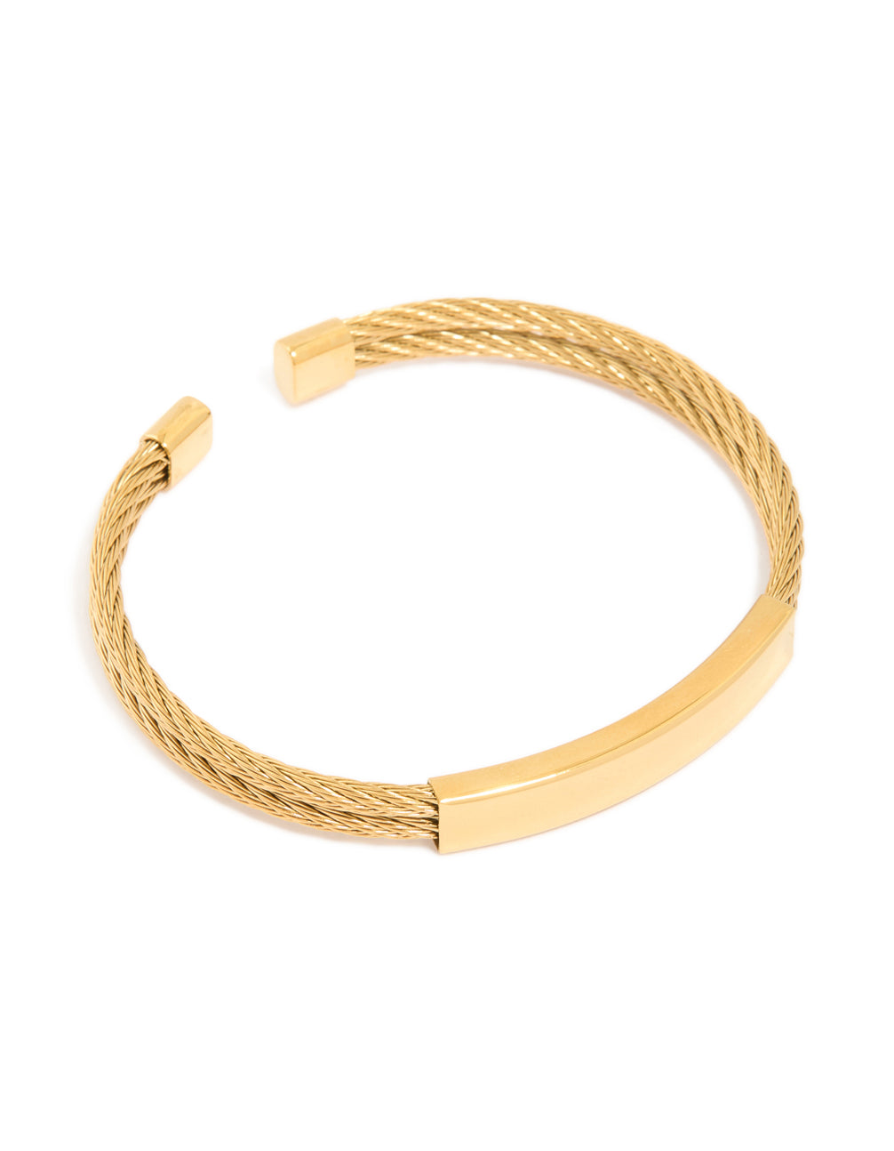 Discover this mens waterproof twin wire twist wrist cuff crafted from gold plated stainless steel featuring bar accents front view