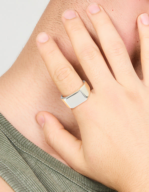 Mens Waterproof Stainless Steel Rectangle Signet Ring