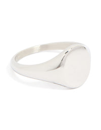 Showcasing a mens waterproof stainless steel oval signet ring in silver with statement style front view - link has visual effect only