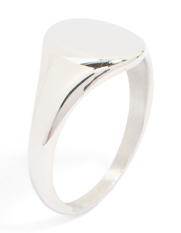 Designed with a mens waterproof stainless steel oval signet ring in silver featuring statement style side detail view