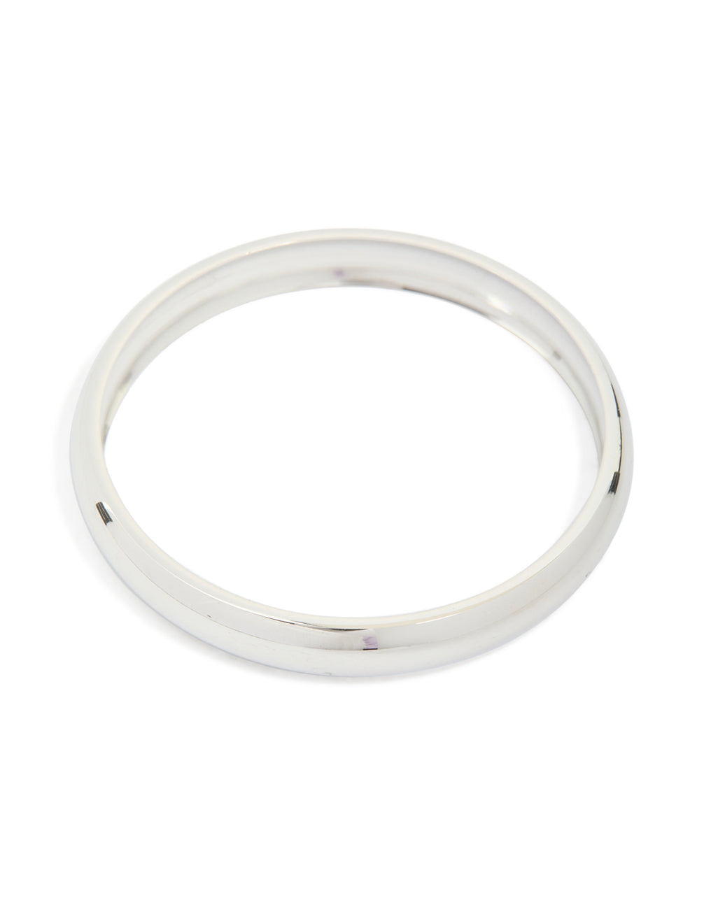 Showcasing a waterproof stainless steel round smooth bangle crafted from silver front view