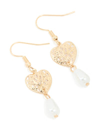 Gold Pearl & Filigree Heart Drop Earrings - link has visual effect only