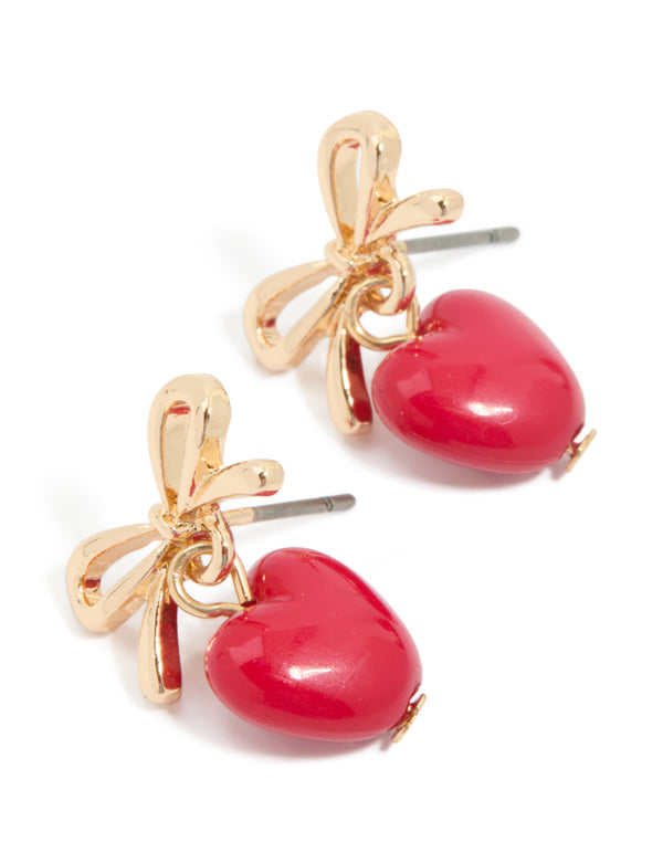 Gold Bow & Red Heart Drop Earrings