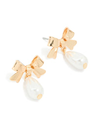 Gold Pearl & Bow Drop Stud Earrings - link has visual effect only