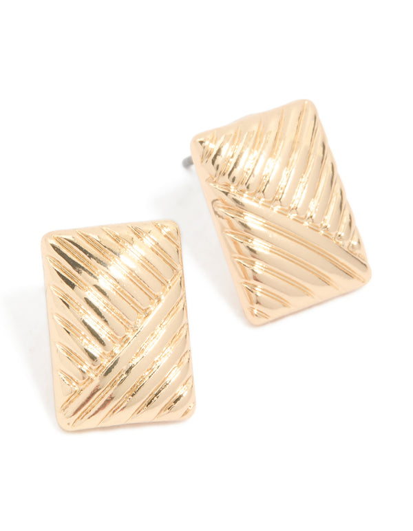 Gold Angled Ribbed Rectangle Stud Earrings