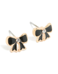 Gold Black Diamante Mini Bow Stud Earrings - link has visual effect only