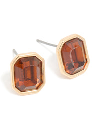 Gold Brown Diamante Square Stud Earrings - link has visual effect only