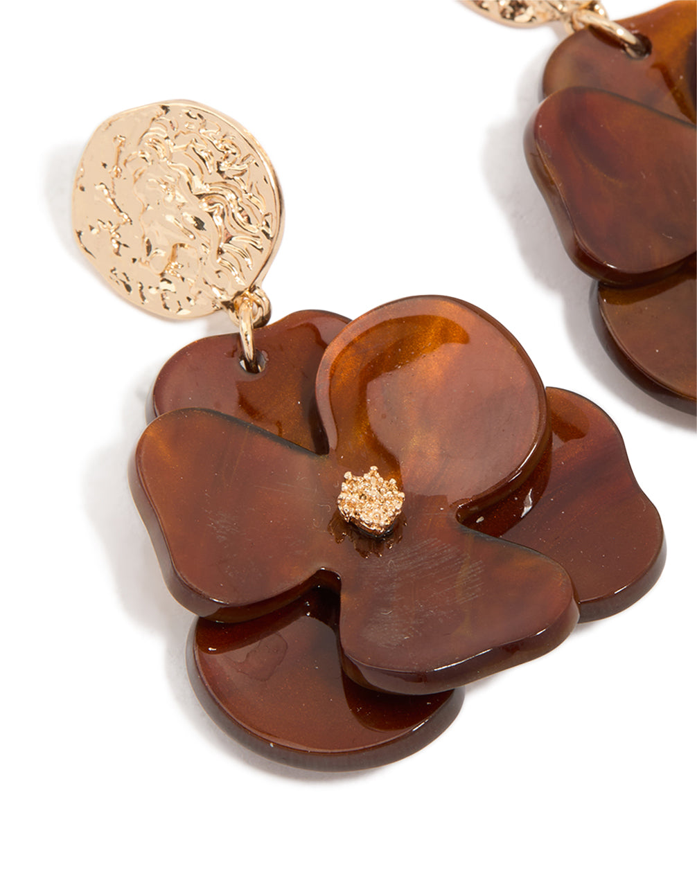 Gold Crinkled & Brown Flower Drop Earrings