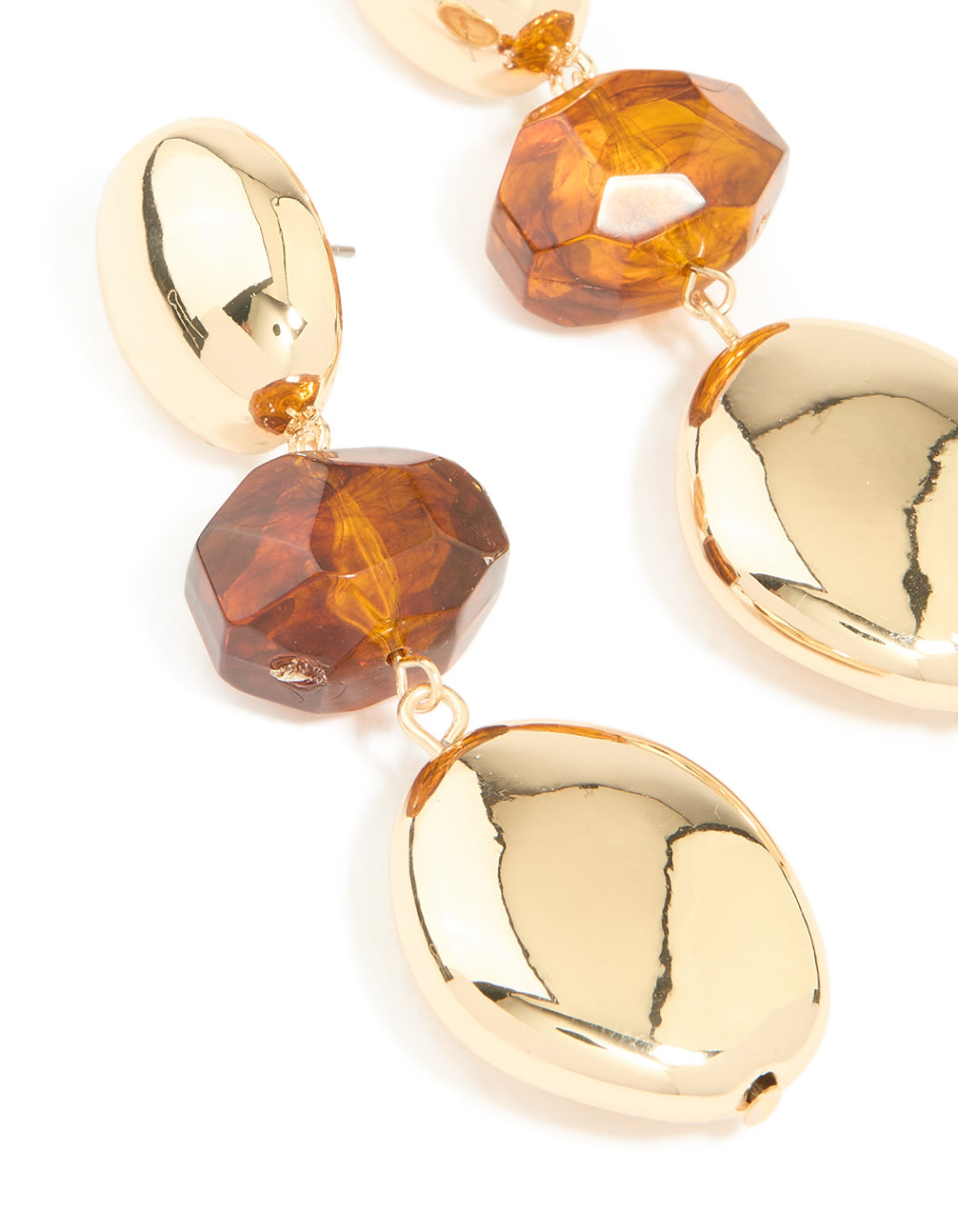 Gold Brown Beaded & Chunky Drop Earrings