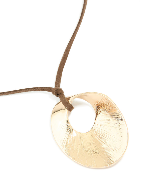 Gold Circle Pendant Brown Cord Necklace