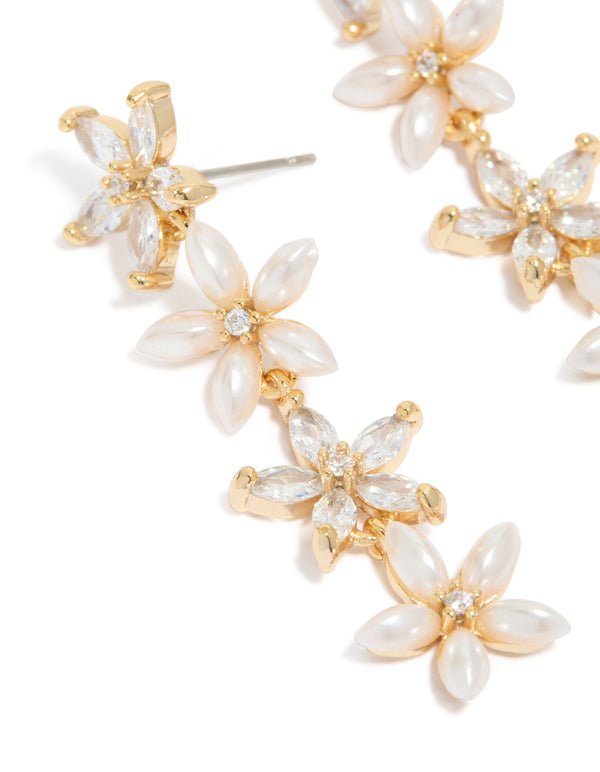 Gold Pearl & Cubic Zirconia Flower Drop Earrings