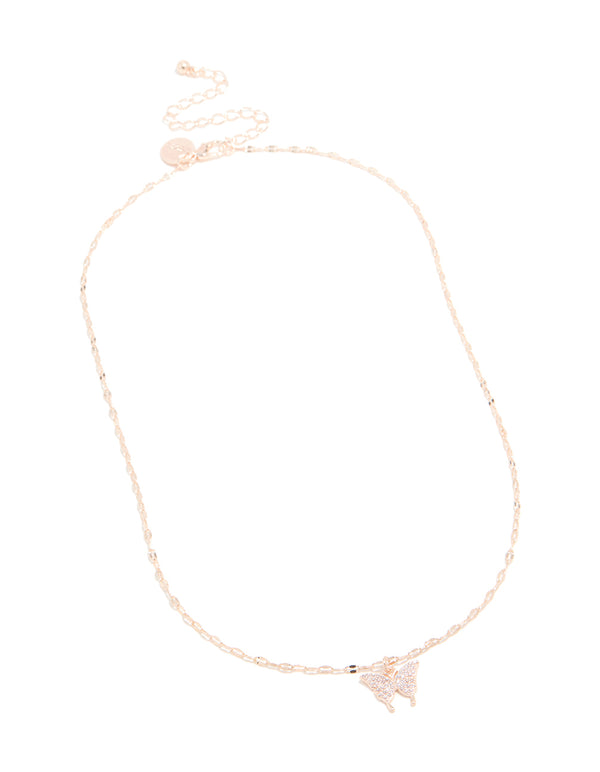 Rose Gold Plated Cubic Zirconia Pavé Butterfly Pendant Necklace