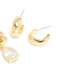 Gold Plated Diamante Pear Drop Huggie & Open Hoop Earrings 2 Pack - link has visual effect only