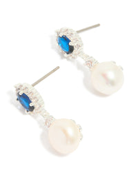 Silver Plated Blue Cubic Zirconia & Freshwater Pearl Halo Drop Earrings - link has visual effect only