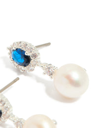 Silver Plated Blue Cubic Zirconia & Freshwater Pearl Halo Drop Earrings - link has visual effect only