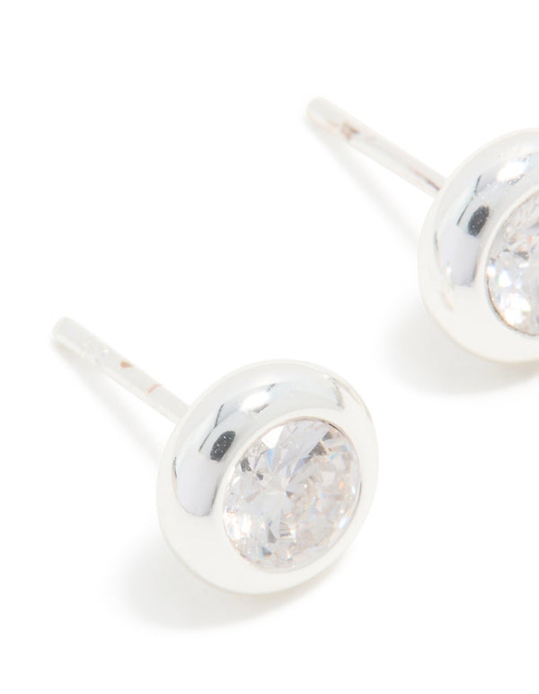 Waterproof Stainless Steel Round Cubic Zirconia Bezel-Set Earrings
