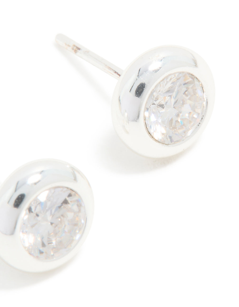 Crafted from waterproof stainless steel round cubic zirconia bezel-set earrings with crystal in silver and clear post detail view