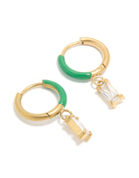 Waterproof Gold Plated Stainless Steel Emerald Green Enamel Cubic Zirconia Charm Huggie Earrings - link has visual effect only