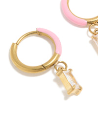 Waterproof Gold Plated Stainless Steel Pink Enamel Cubic Zirconia Charm Huggie Earrings - link has visual effect only