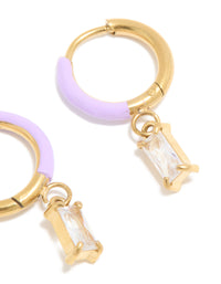 Waterproof Gold Plated Stainless Steel Purple Enamel Cubic Zirconia Charm Huggie Earrings - link has visual effect only