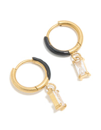 Waterproof Gold Plated Stainless Steel Black Enamel Cubic Zirconia Charm Huggie Earrings - link has visual effect only