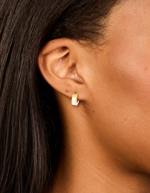 Waterproof Gold Plated Stainless Steel Small White Enamel Inlay Huggie Earrings