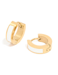 Waterproof Gold Plated Stainless Steel Small White Enamel Inlay Huggie Earrings - link has visual effect only