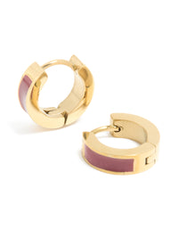 Waterproof Gold Plated Stainless Steel Small Burgundy Red Enamel Inlay Huggie Earrings - link has visual effect only