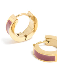 Waterproof Gold Plated Stainless Steel Small Burgundy Red Enamel Inlay Huggie Earrings - link has visual effect only
