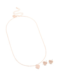 Rose Gold Pearl Heart Border Necklace & Earrings Set - link has visual effect only