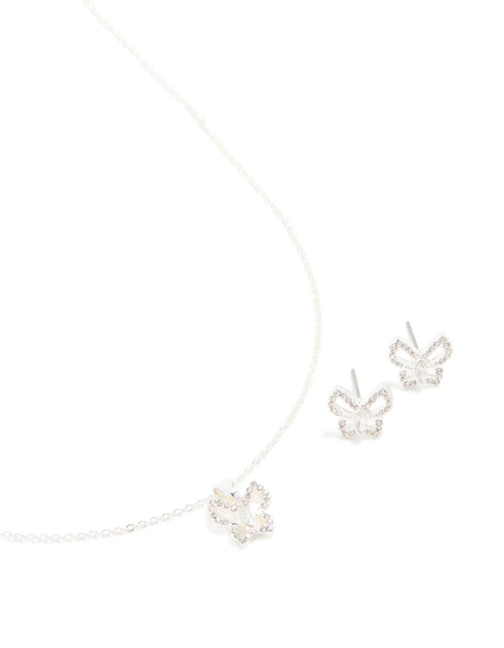 Silver Diamante Butterfly Stud Earrings & Necklace Set