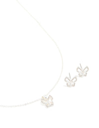 Silver Diamante Butterfly Stud Earrings & Necklace Set - link has visual effect only