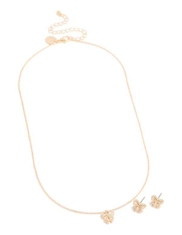 Gold Diamante Bow Necklace & Earrings Set