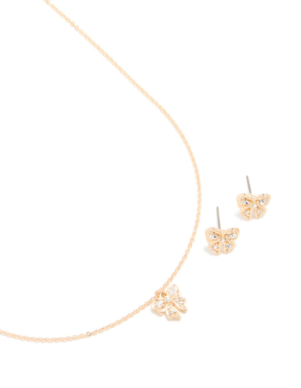 Gold Diamante Bow Necklace & Earrings Set